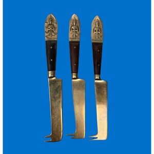 3 Vintage Pronged Cheese Knives Buddha Bronze Brass Rosewood Siam Thailand 6”